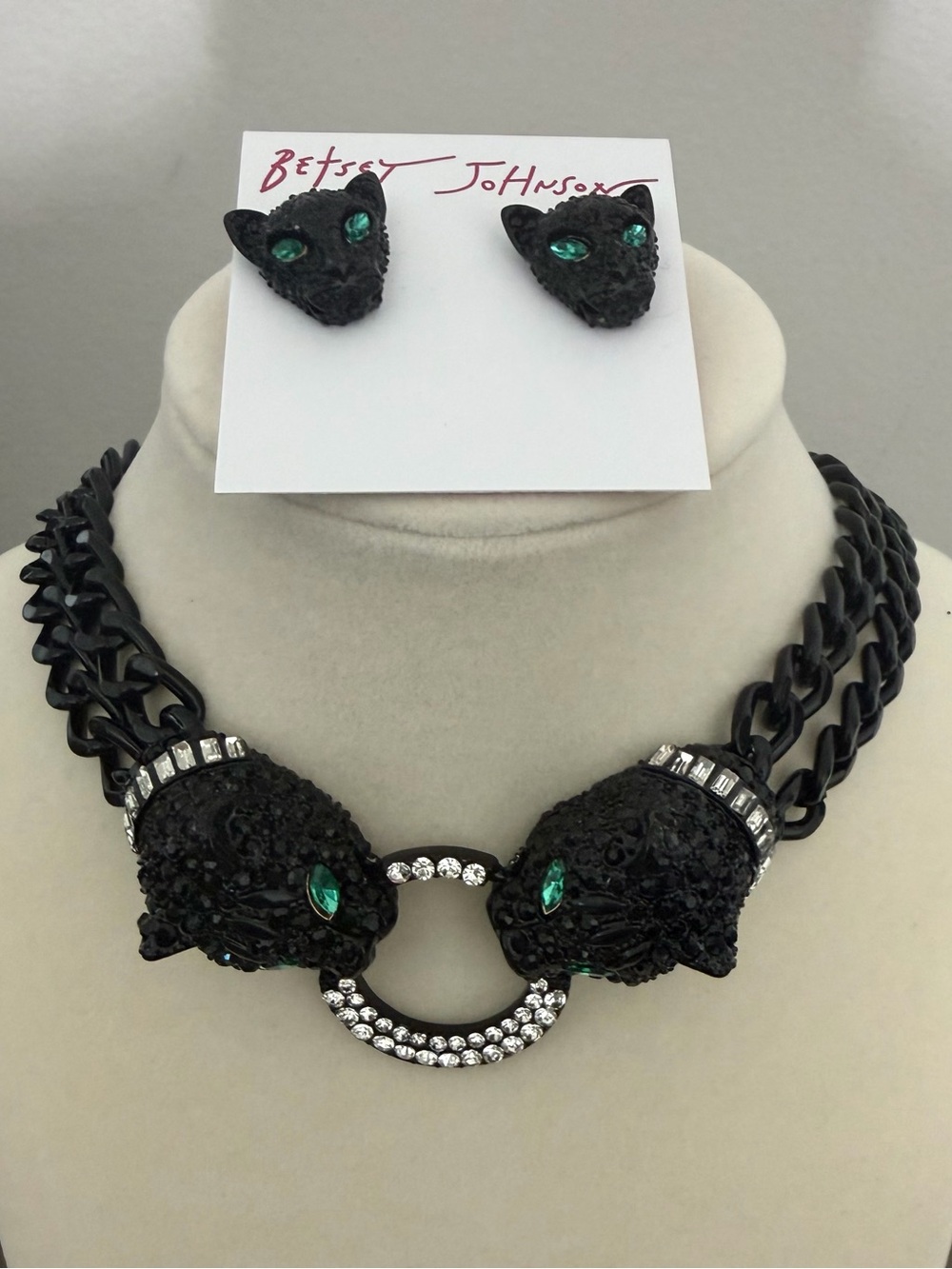 NWT Betsey Johnson Black Panther Necklace and Earrings Set